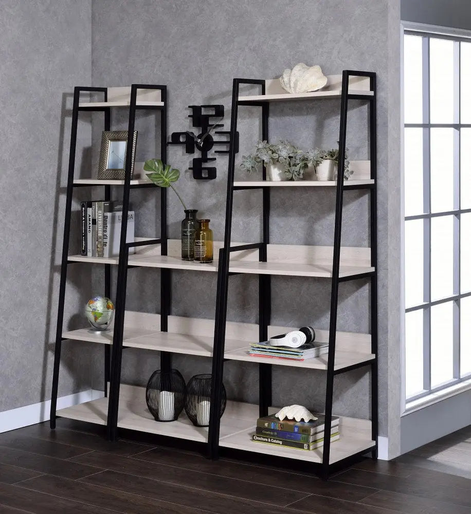 37" Natural and Black Metal Three Tier Ladder Bookcase - NOBLE HOME INTERIORS