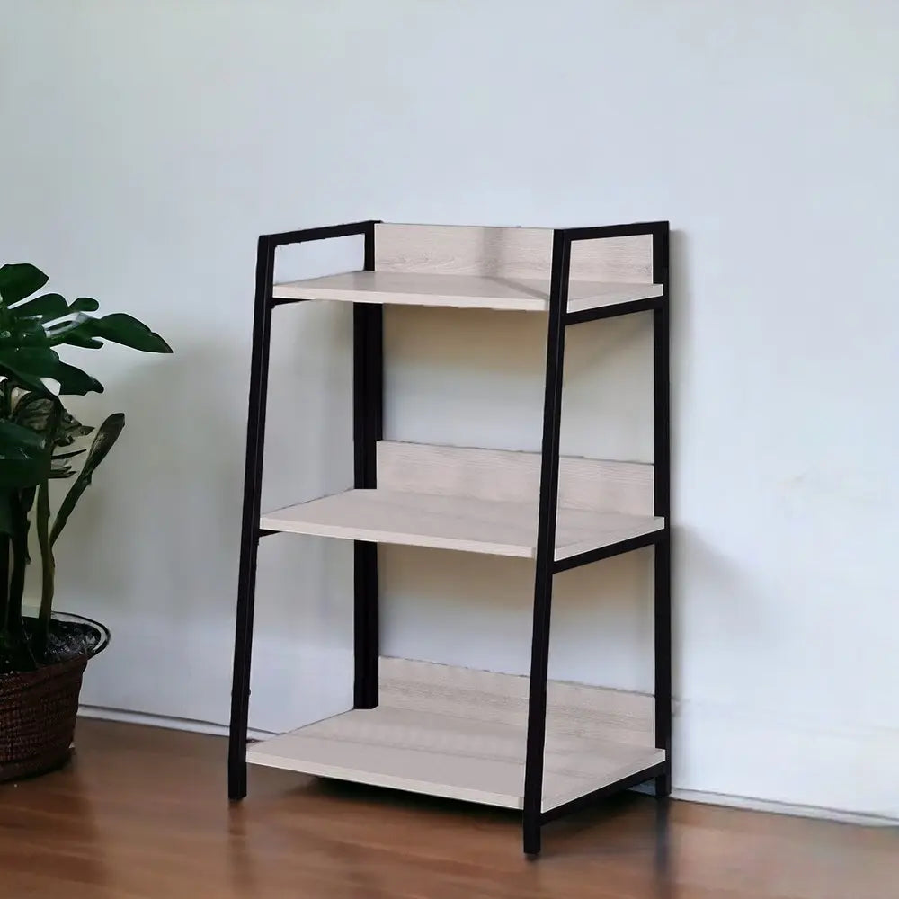 37" Natural and Black Metal Three Tier Ladder Bookcase - NOBLE HOME INTERIORS