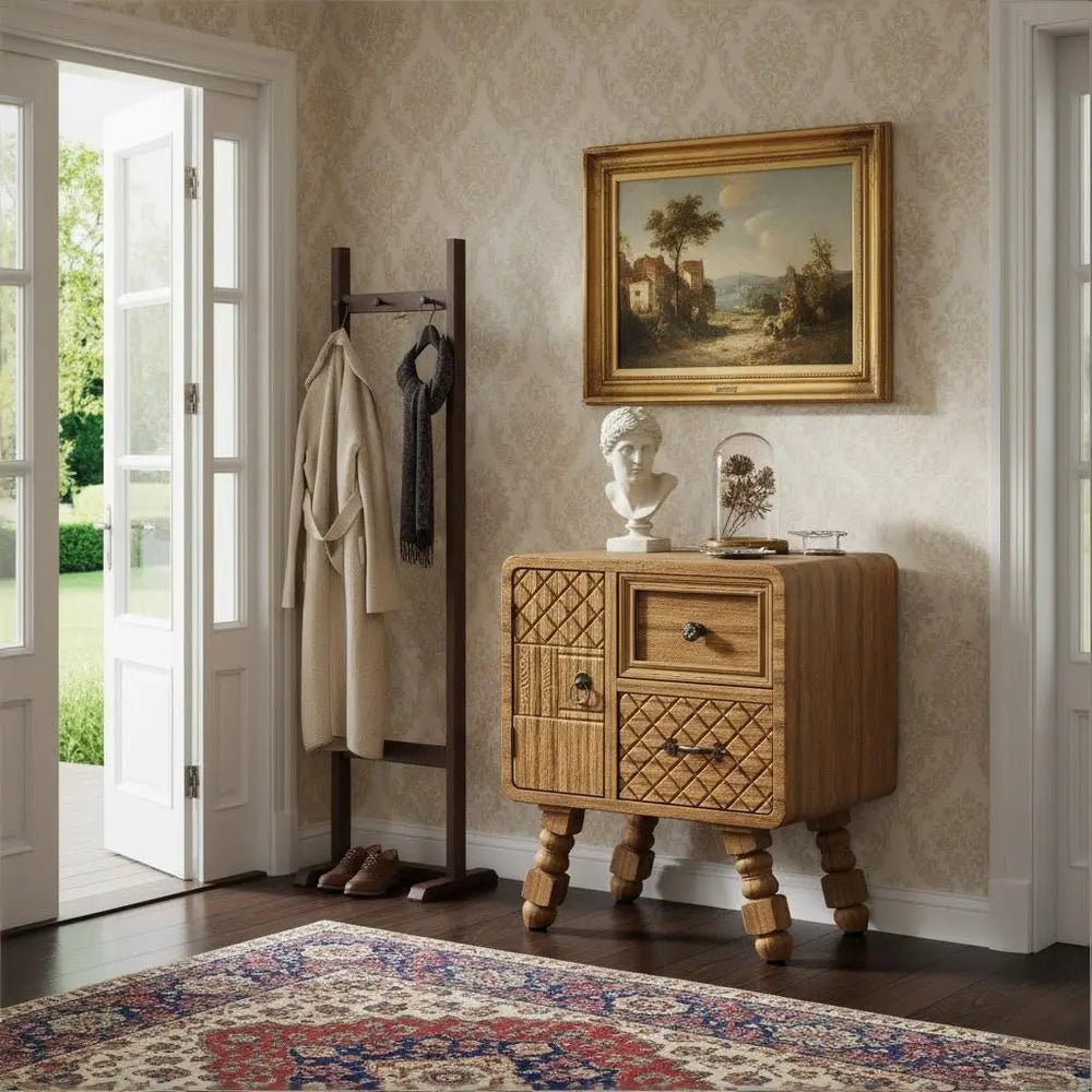 37" Sepia Solid Wood Console Accent Cabinet With Single Door And Two Drawers HomeRoots