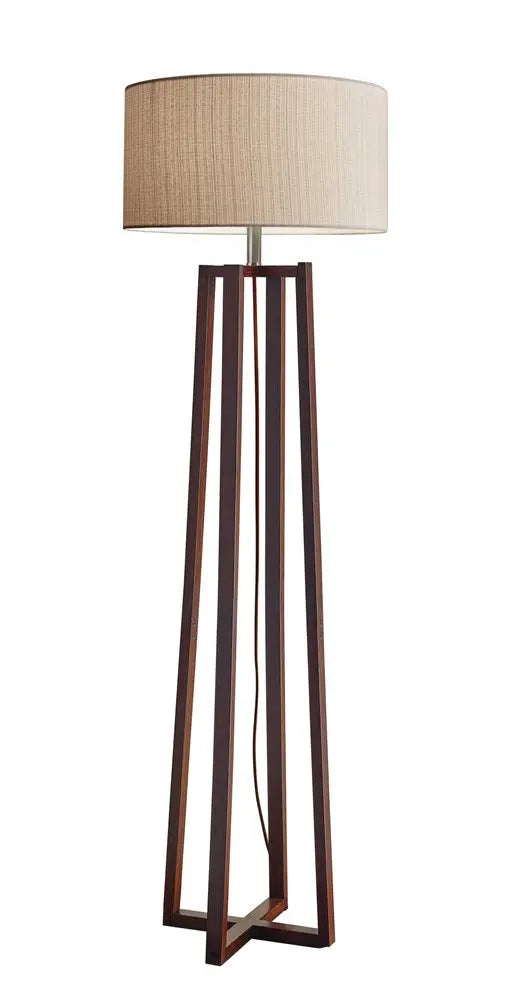 60" Brown Solid Wood Novelty Floor Lamp With Beige Fabric Drum Shade HomeRoots