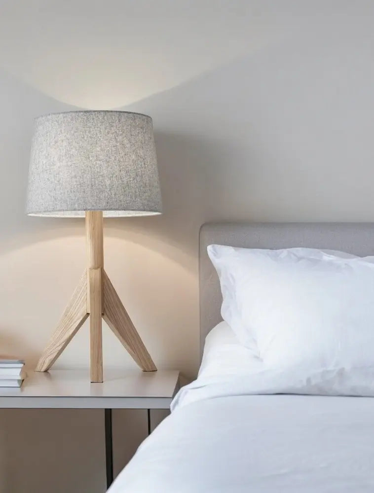 25" Natural Solid Wood Tripod Table Lamp With Gray Empire Shade HomeRoots