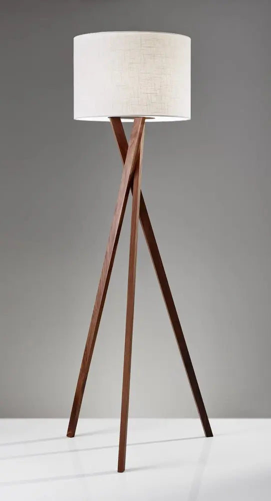 63" Brown And White Solid Wood Tripod Floor Lamp With White Linen Drum Shade HomeRoots