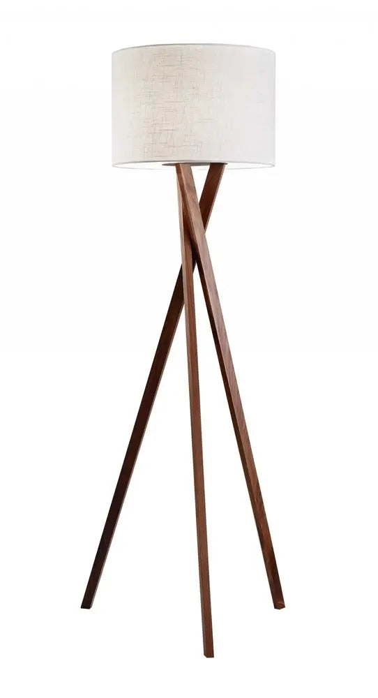 63" Brown And White Solid Wood Tripod Floor Lamp With White Linen Drum Shade HomeRoots