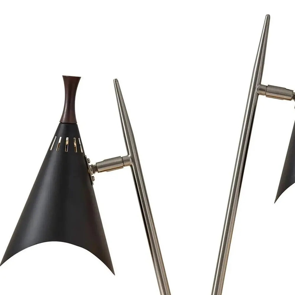 22" Black and Silver Metal Two Light Desk Lamp With Black Cone Shades HomeRoots