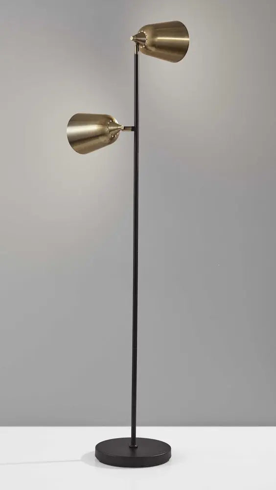 58" Black Two Light Task Floor Lamp With Antiqued Brass Metal Cone Shade HomeRoots