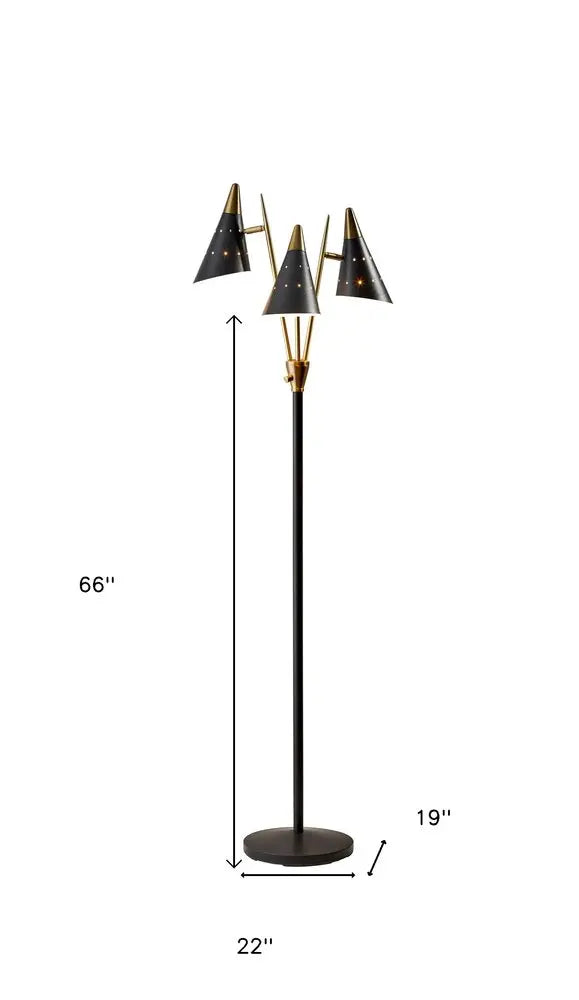 66" Black And Gold Metal Three Light Novelty Floor Lamp With Black Metal Cone Shade HomeRoots