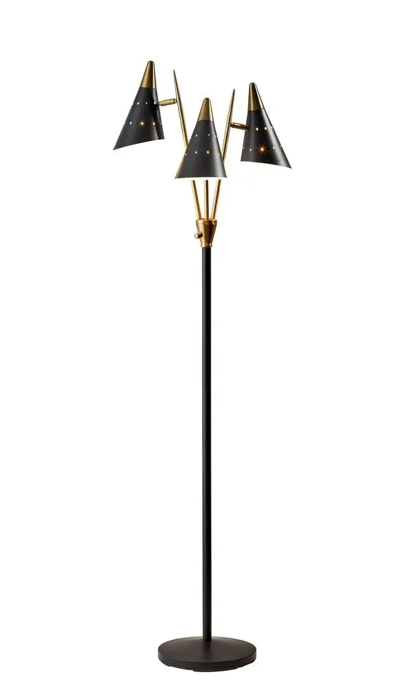 66" Black And Gold Metal Three Light Novelty Floor Lamp With Black Metal Cone Shade HomeRoots