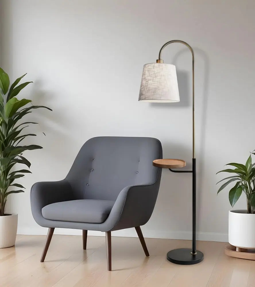 65" Black And Brass Tray Table Floor Lamp With Off White Linen Empire Shade HomeRoots