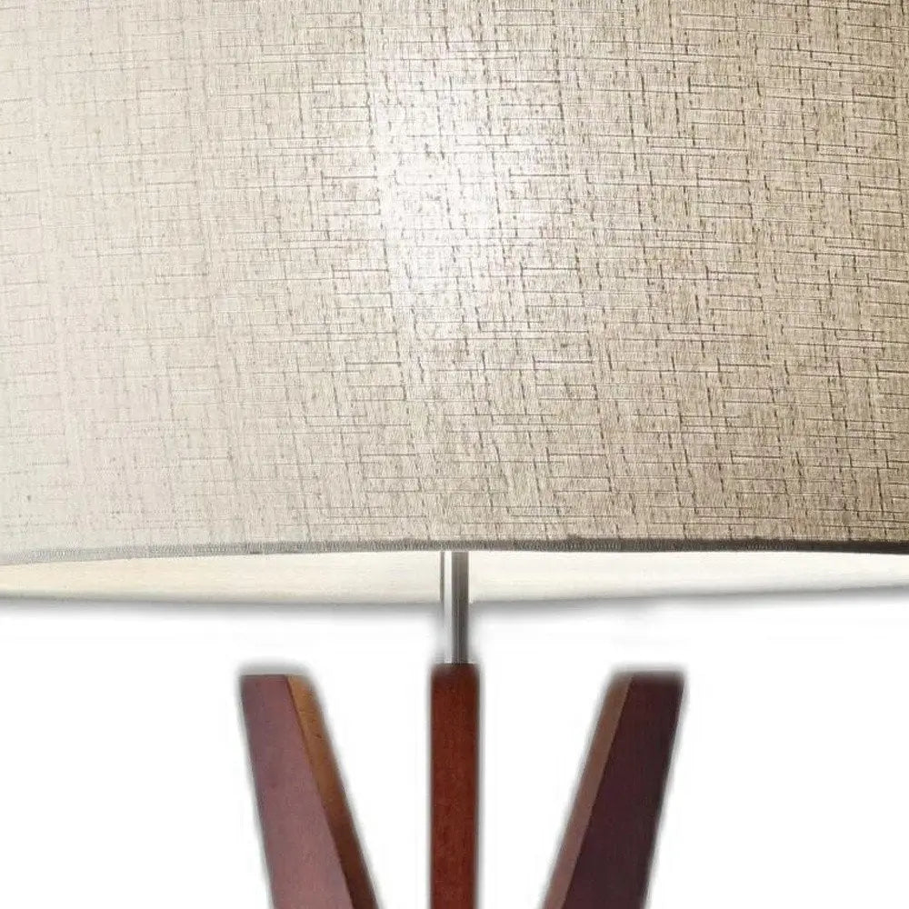 60" Brown And White Solid Wood Tripod Floor Lamp With White Fabric Drum Shade HomeRoots