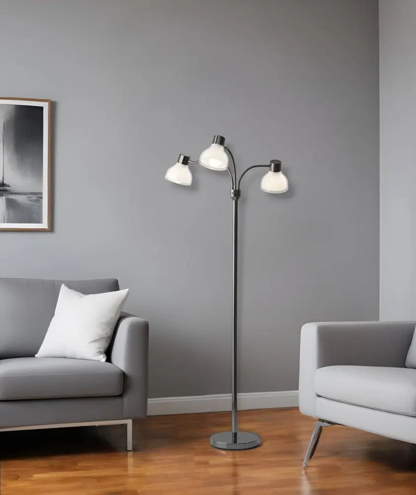 69" Black And White Metal Three Light Tree Floor Lamp With White Bowl Shade HomeRoots