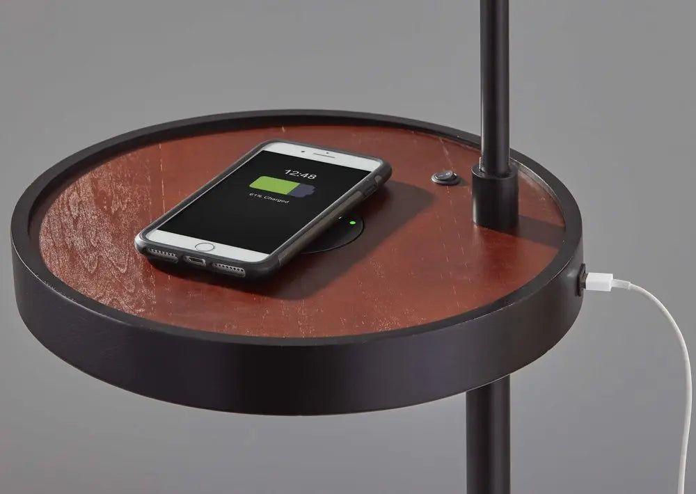 64" Beige And Black Tray Table Floor Lamp With Beige Fabric Drum Shade HomeRoots