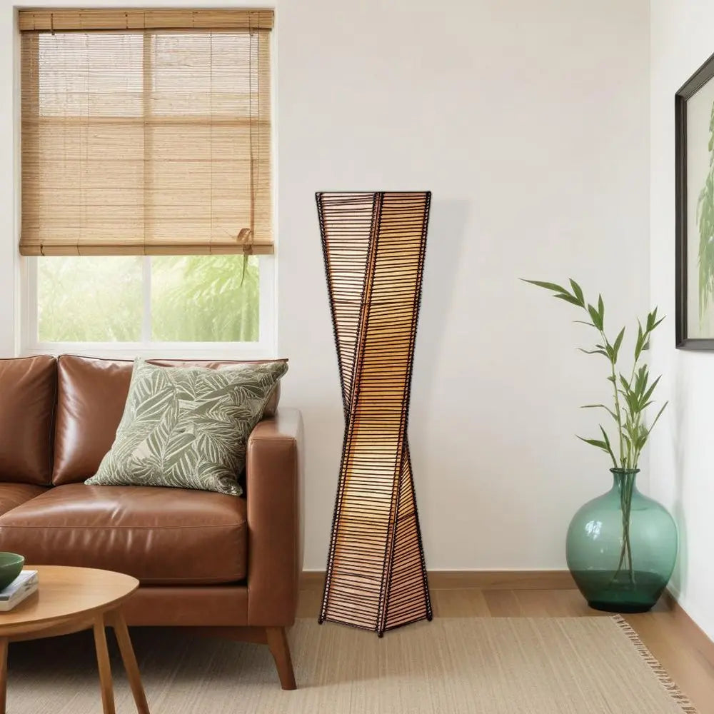 50" Black Floor Lamp With Black and Tan Twisted Cylinder Shade HomeRoots