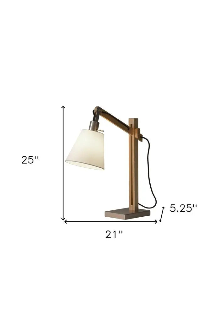 25" Natural Wood Adjustable Height Table Lamp With White Bell Shade HomeRoots
