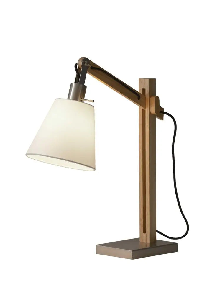 25" Natural Wood Adjustable Height Table Lamp With White Bell Shade HomeRoots