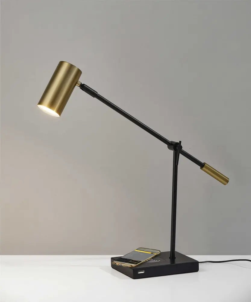 22" Black Metal Swing Arm LED Desk Lamp With USB And Antiqued Gold Cylinder Shade HomeRoots