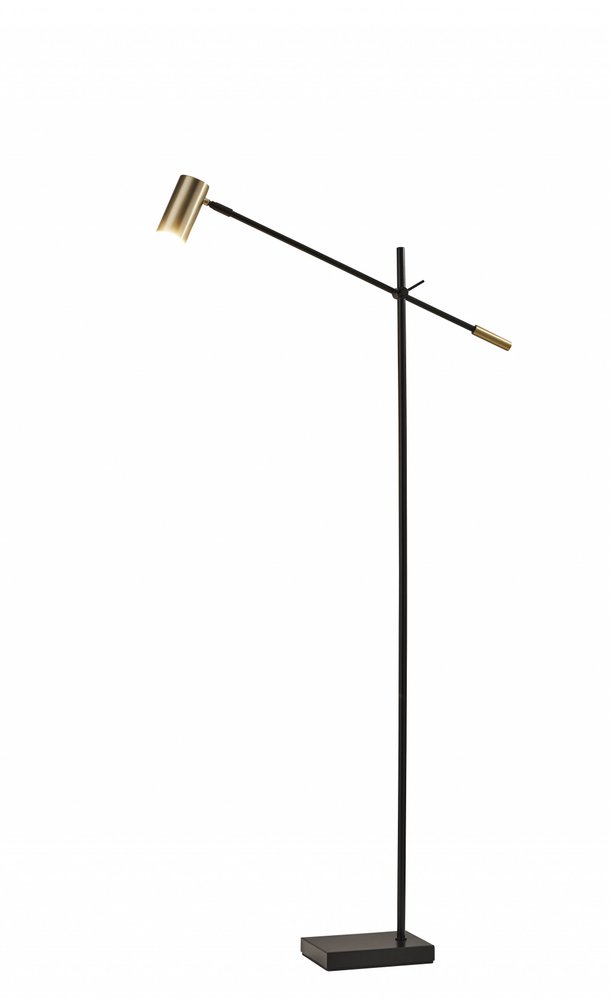 63" Black And Gold Adjustable LED Task Floor Lamp With Antiqued Brass Metal Cylinder Shade
