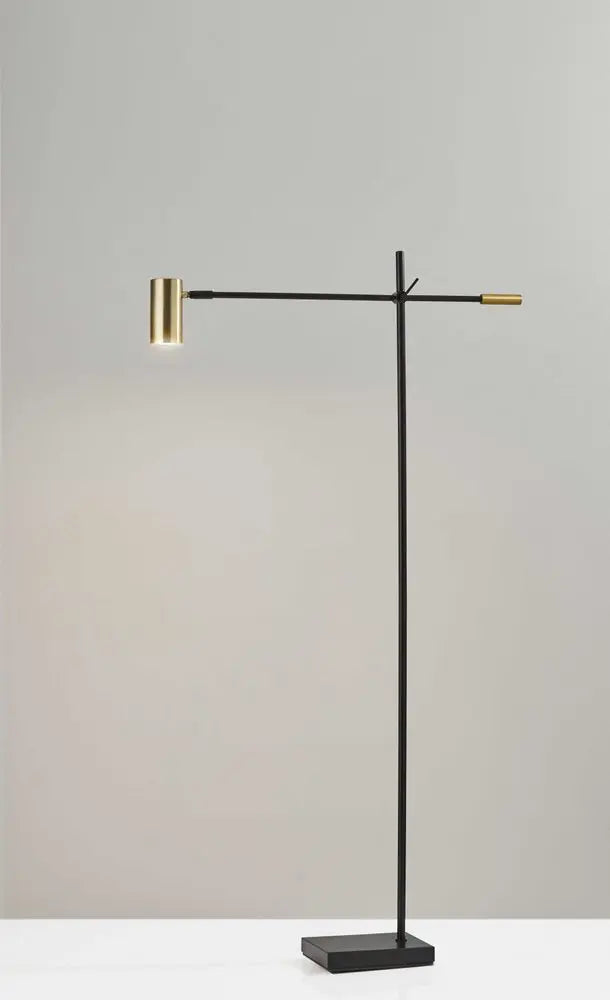 63" Black And Gold Adjustable LED Task Floor Lamp With Antiqued Brass Metal Cylinder Shade