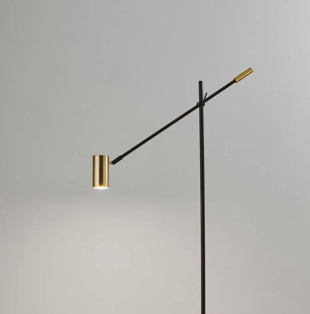63" Black And Gold Adjustable LED Task Floor Lamp With Antiqued Brass Metal Cylinder Shade