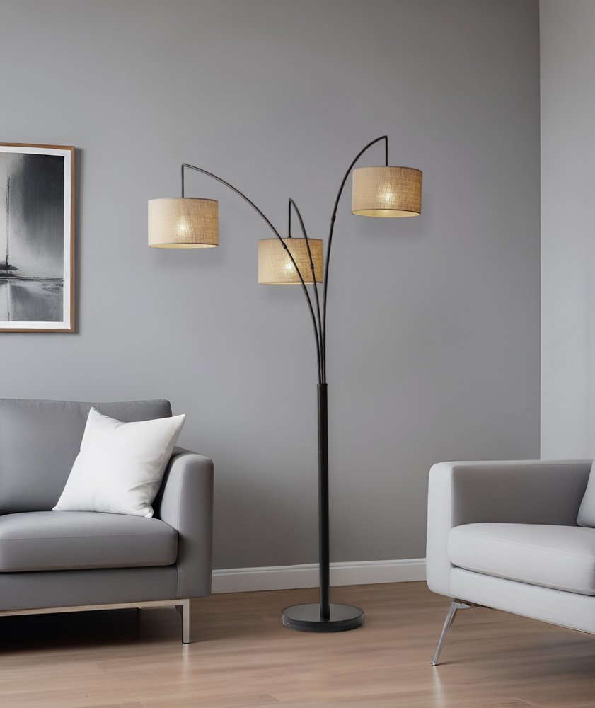 74" Silver Three Light Tree Floor Lamp With White Linen Drum Shade