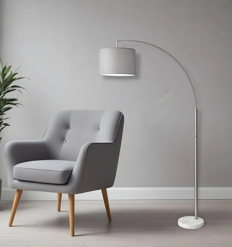 74" Silver Metal Arched Floor Lamp With Gray Linen Drum Shade HomeRoots