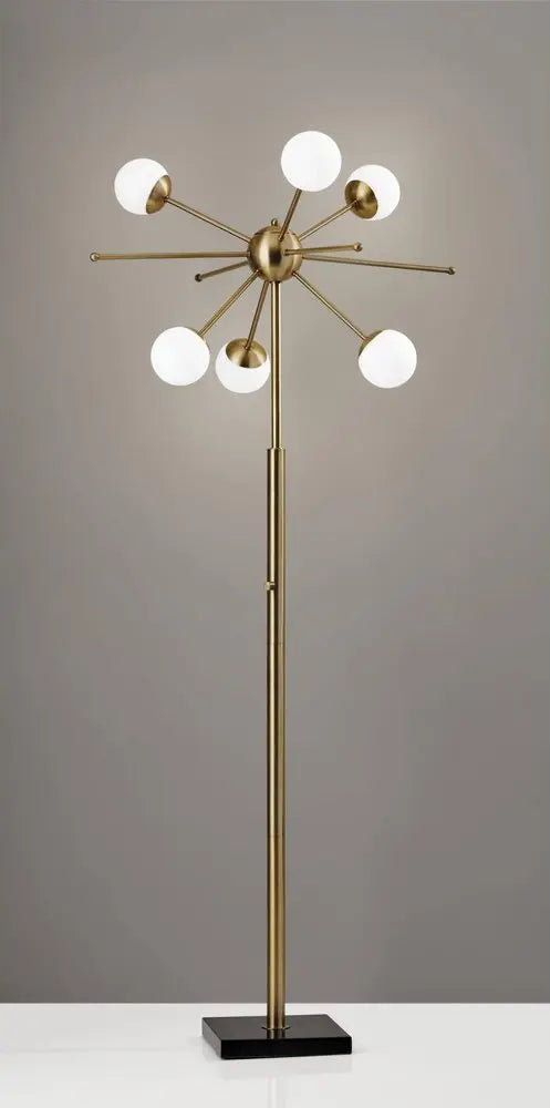 64" Brass Six Light LED Novelty Floor Lamp With White Glass Globe Shades HomeRoots