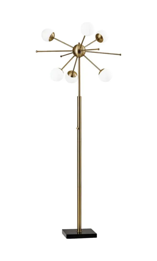 64" Brass Six Light LED Novelty Floor Lamp With White Glass Globe Shades HomeRoots