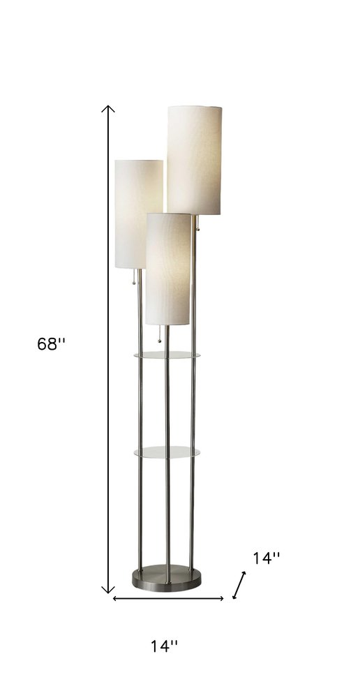 68" Silver Three Light Novelty Floor Lamp With White Linen Cylinder Shade