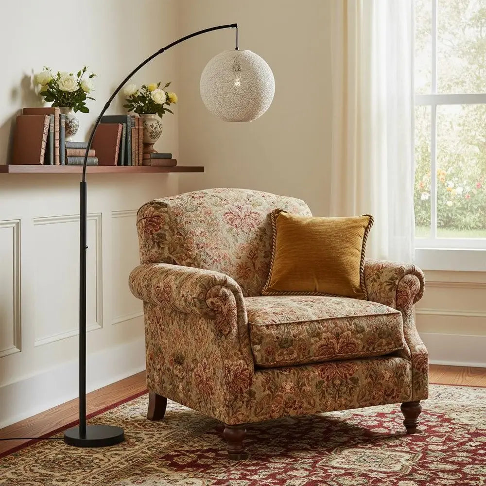 77" Antiqued Bronze Arched Floor Lamp With Groovy Beige Abstract Wicker Globe Shade HomeRoots