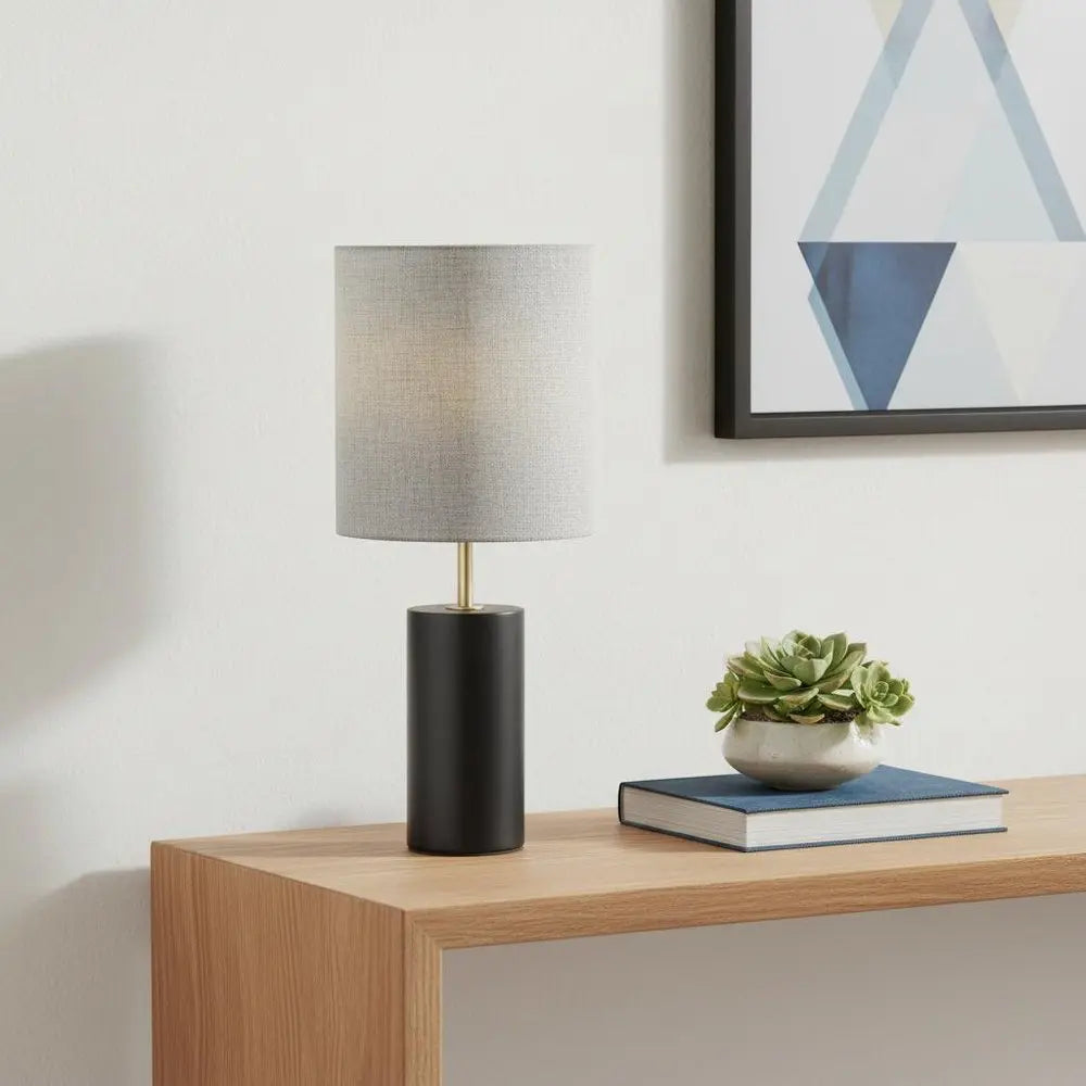 Black Wood Circular Block Table Lamp HomeRoots