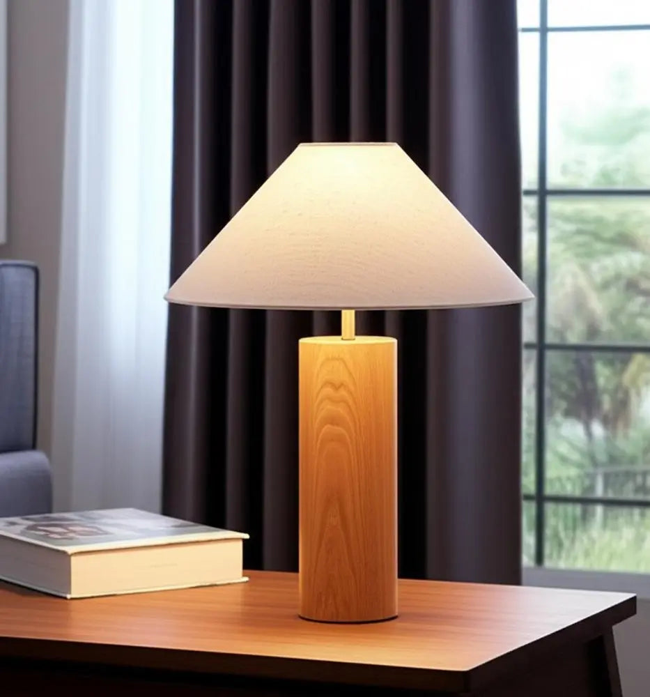 26" Natural Solid Wood Cylinder Table Lamp With White Cone Shade HomeRoots