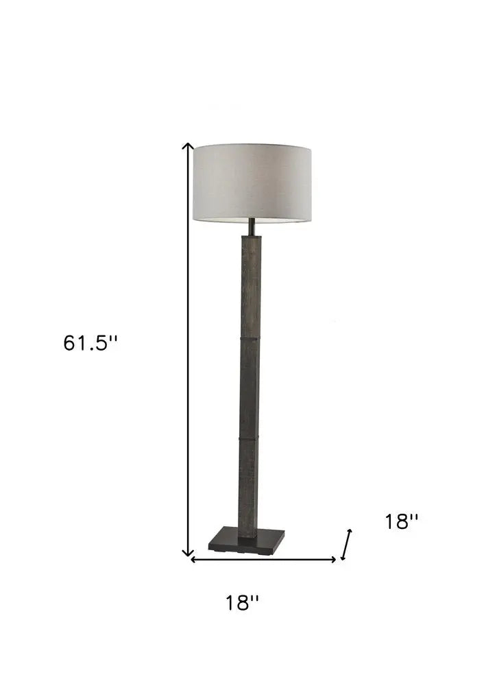62" Black Wood And Metal Floor Lamp With Light Gray Fabric Drum Shade HomeRoots
