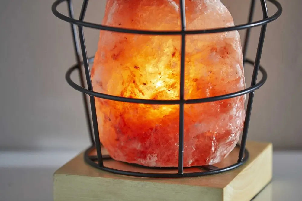 8" Himalayan Salt Accent Lamp With Black Cage Shade HomeRoots