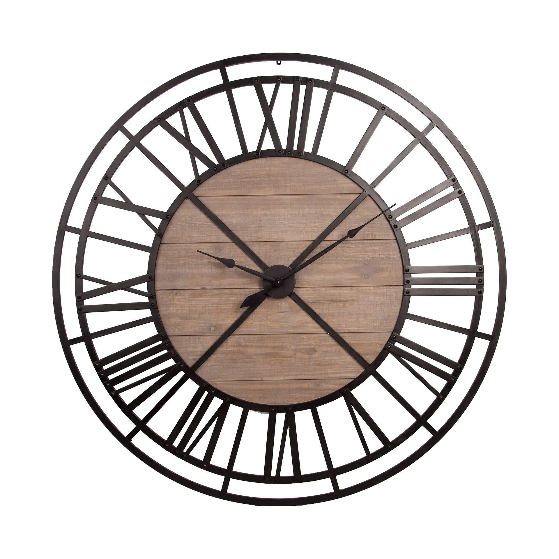 59" Black And Brown Metal and Solid Wood Skeleton Circle Wall Clock HomeRoots