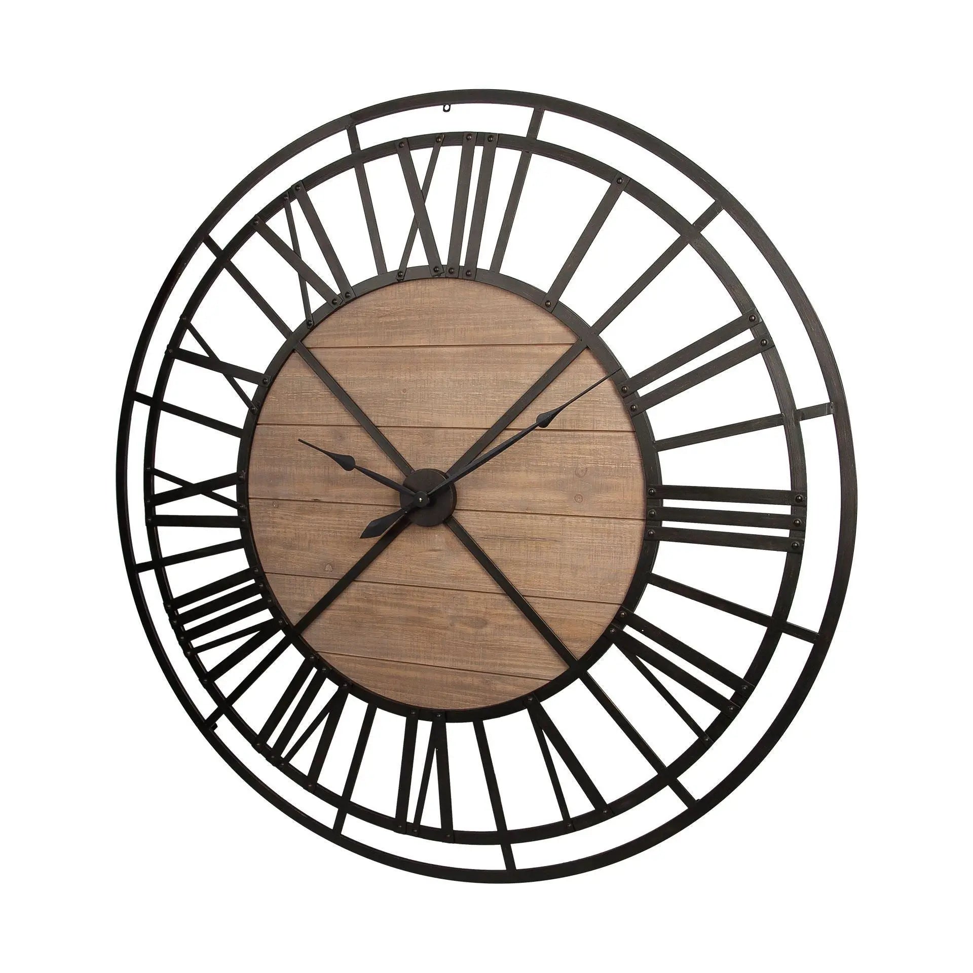 59" Black And Brown Metal and Solid Wood Skeleton Circle Wall Clock HomeRoots
