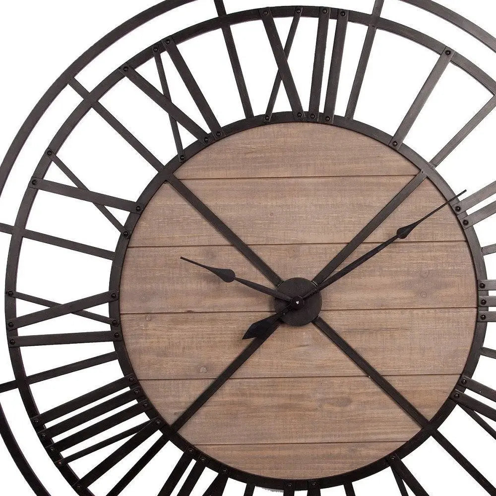 59" Black And Brown Metal and Solid Wood Skeleton Circle Wall Clock HomeRoots