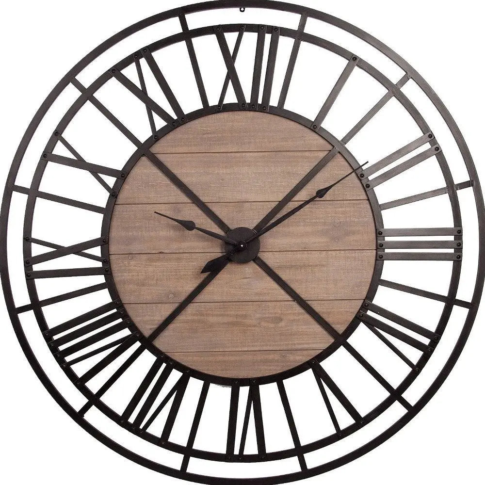 59" Black And Brown Metal and Solid Wood Skeleton Circle Wall Clock HomeRoots