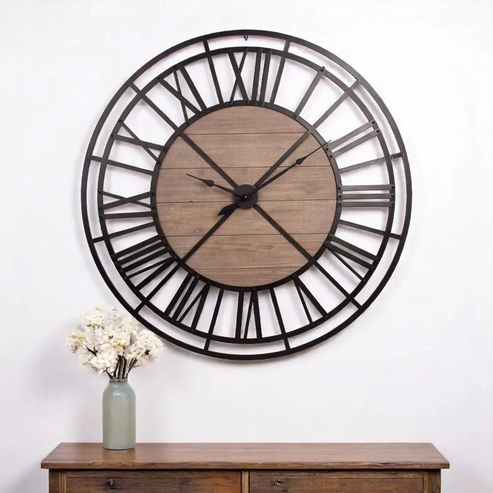 59" Black And Brown Metal and Solid Wood Skeleton Circle Wall Clock HomeRoots