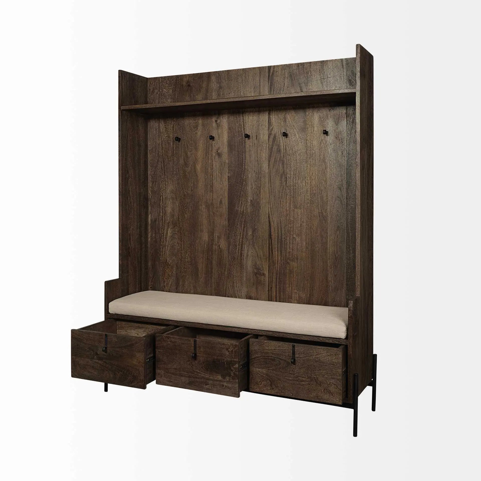 Brown Wood Cream Fabric Wrapped Seat Hall Tree With Storage HomeRoots