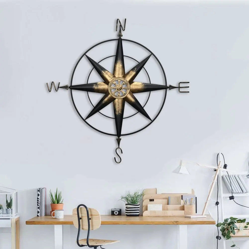 39" Black Rustic Compass Metal Wall Decor HomeRoots