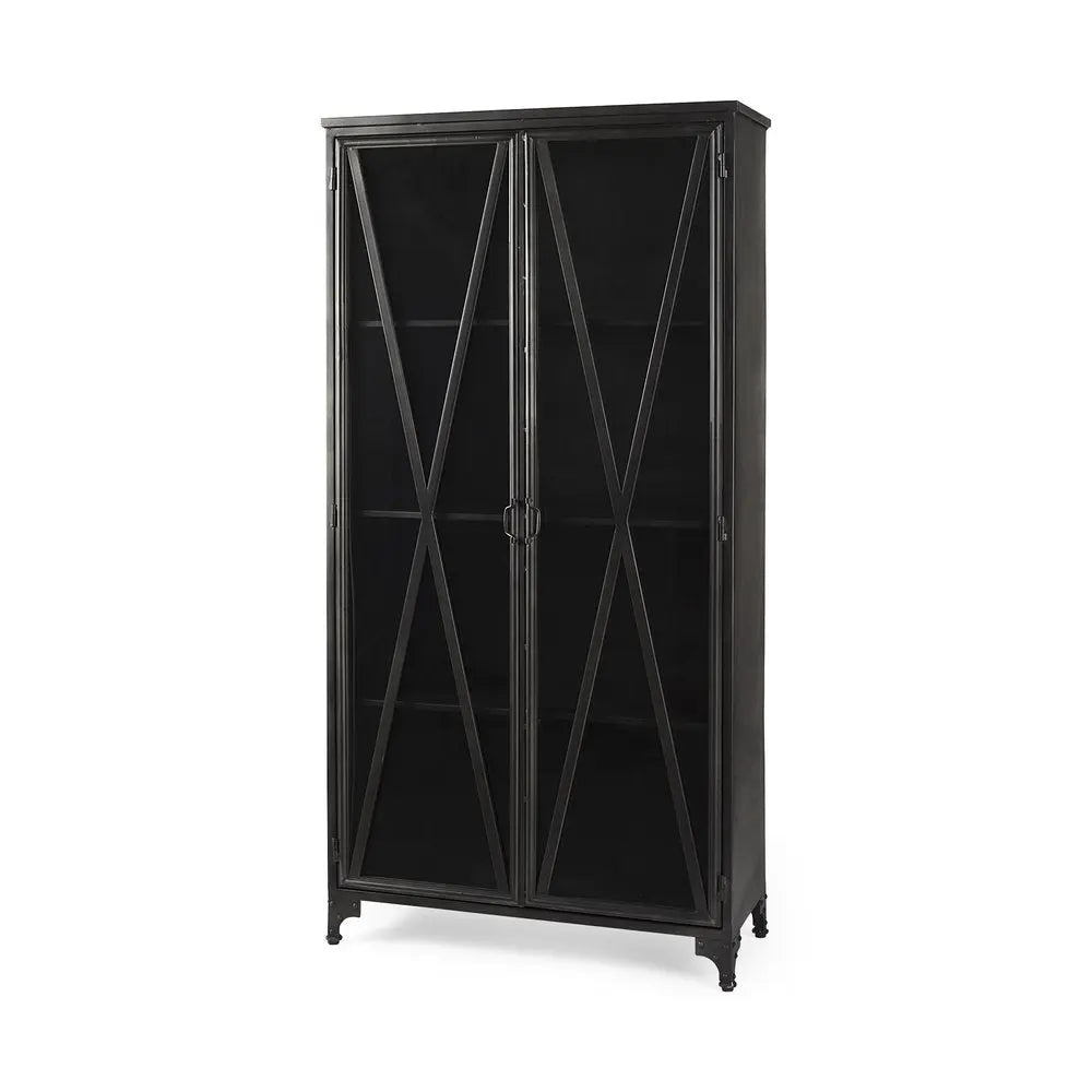 38" Black Glass and Metal Display Cabinet With Two Doors HomeRoots