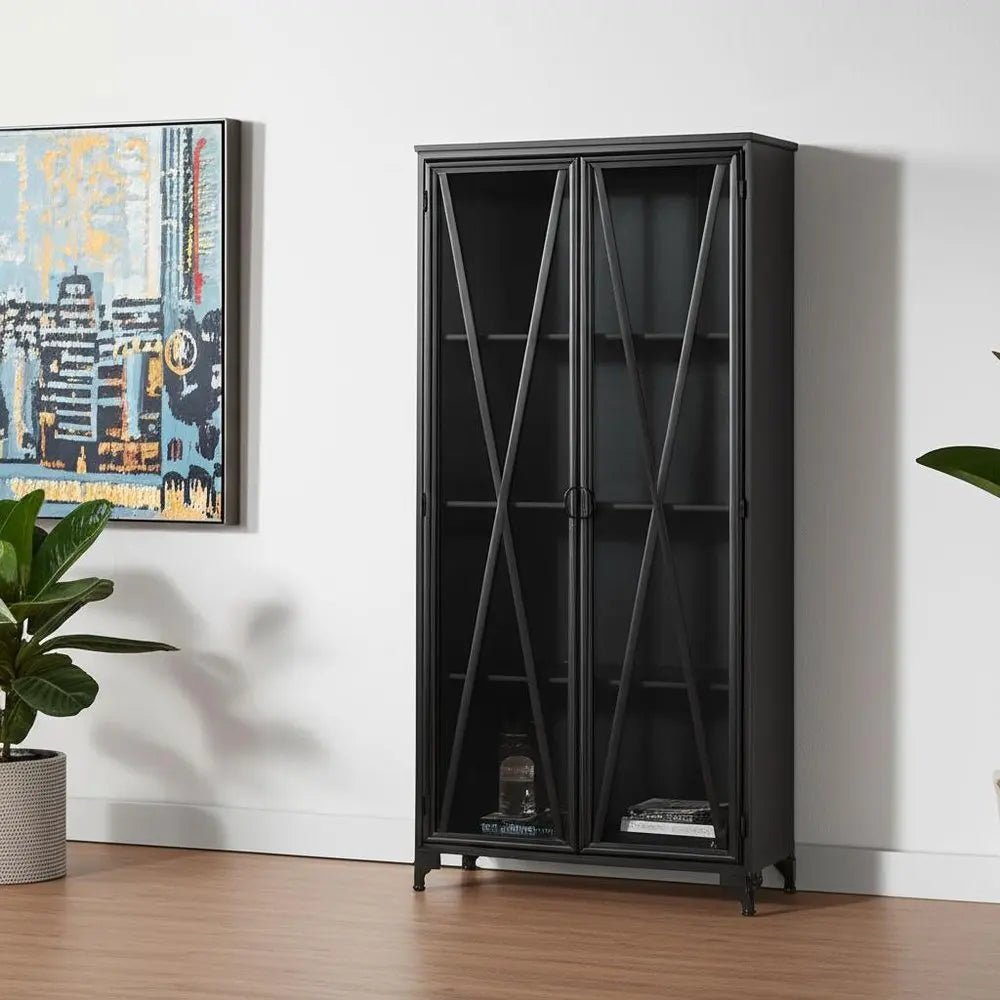 38" Black Glass and Metal Display Cabinet With Two Doors HomeRoots