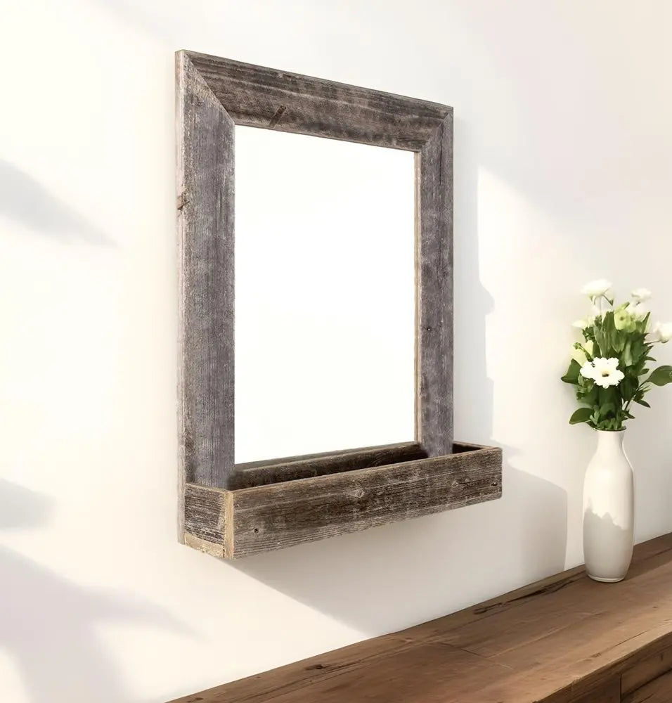 Rustic Weathered Gray Reclaimed Wood Plank Mirror With Shelf HomeRoots