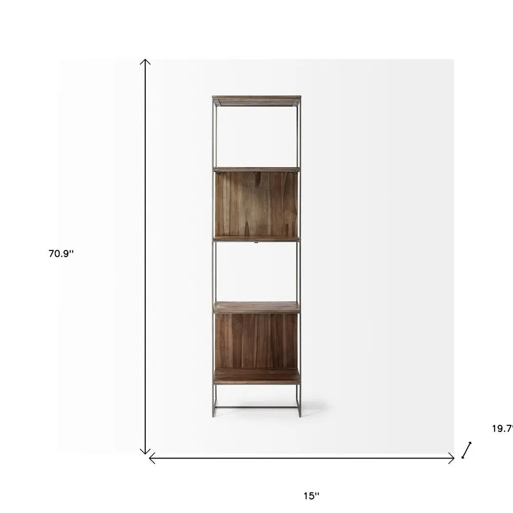 71" Brown And Silver Metal and Wood Four Tier Bookcase HomeRoots
