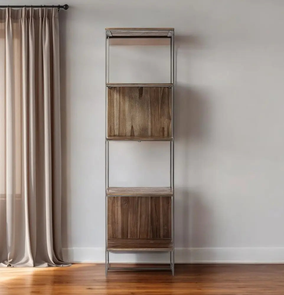 71" Brown And Silver Metal and Wood Four Tier Bookcase HomeRoots