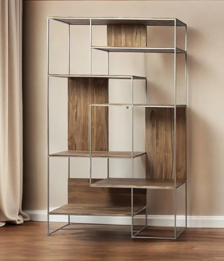 75" Brown And Silver Metal and Wood Six Tier Bookcase HomeRoots