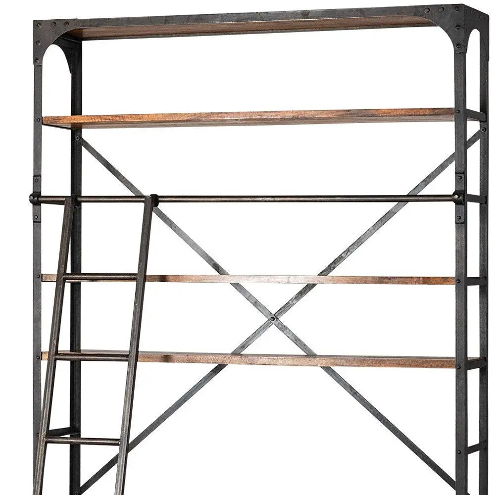 94" Black And Brown Distressed Copper and Wood Four Tier Library Bookcase with Four Drawers HomeRoots