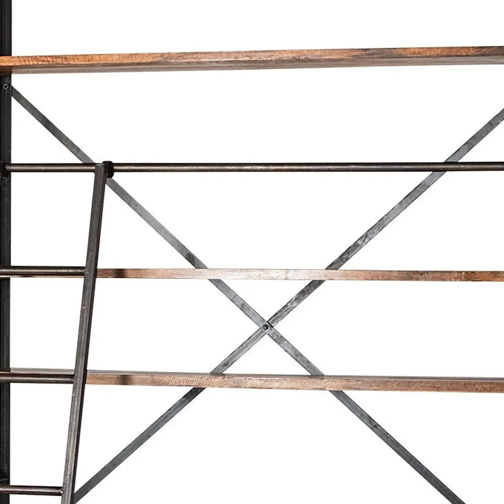 94" Black And Brown Distressed Copper and Wood Four Tier Library Bookcase with Four Drawers HomeRoots