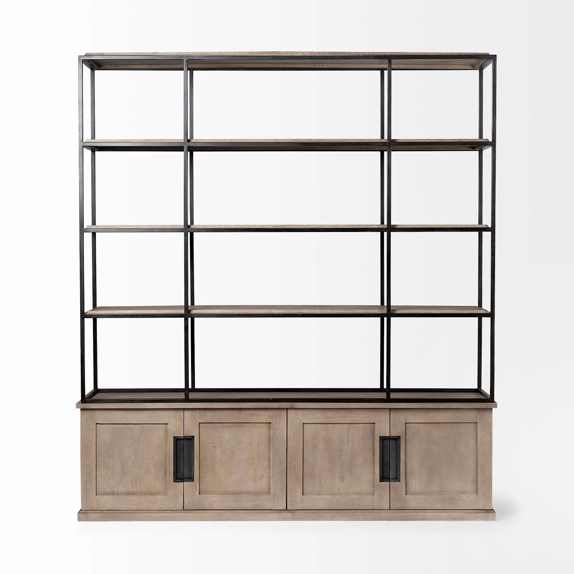 90" Brown Iron and Wood Three Tier Bookcase HomeRoots