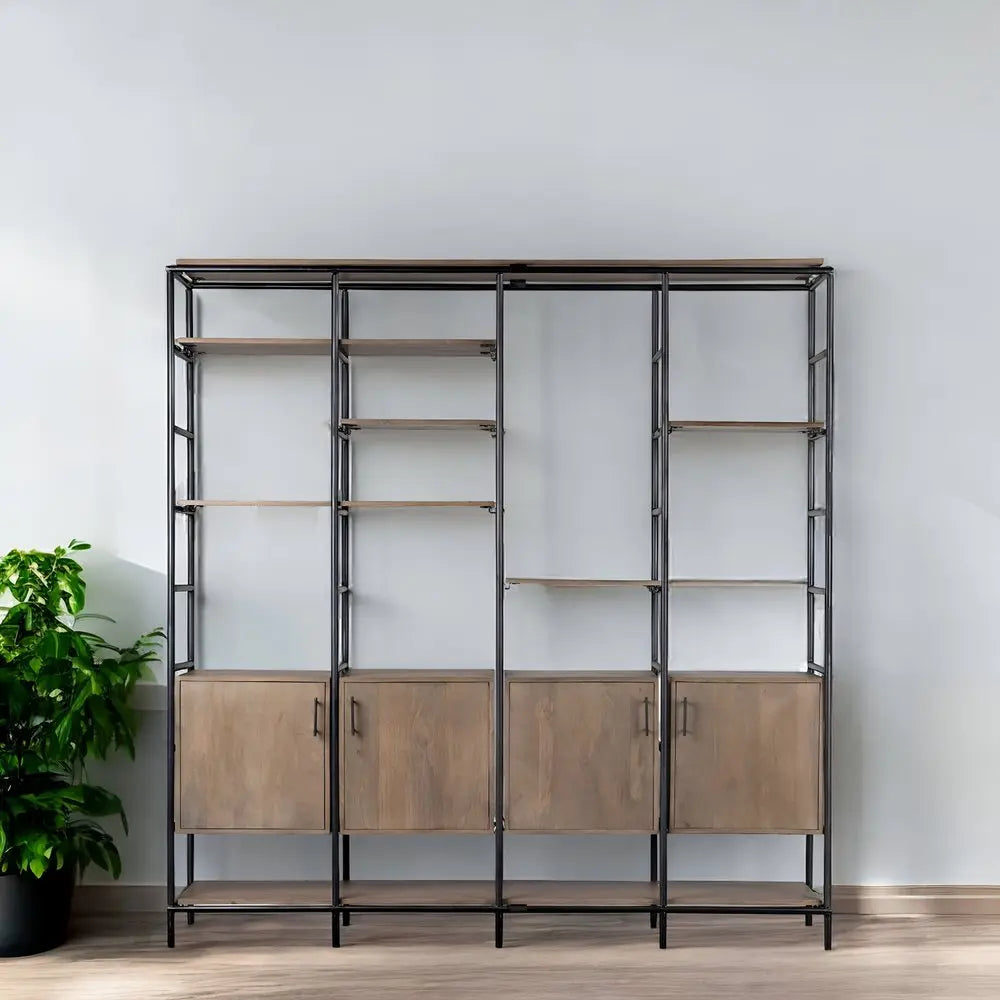 90" Brown Metal and Wood Bookcase HomeRoots