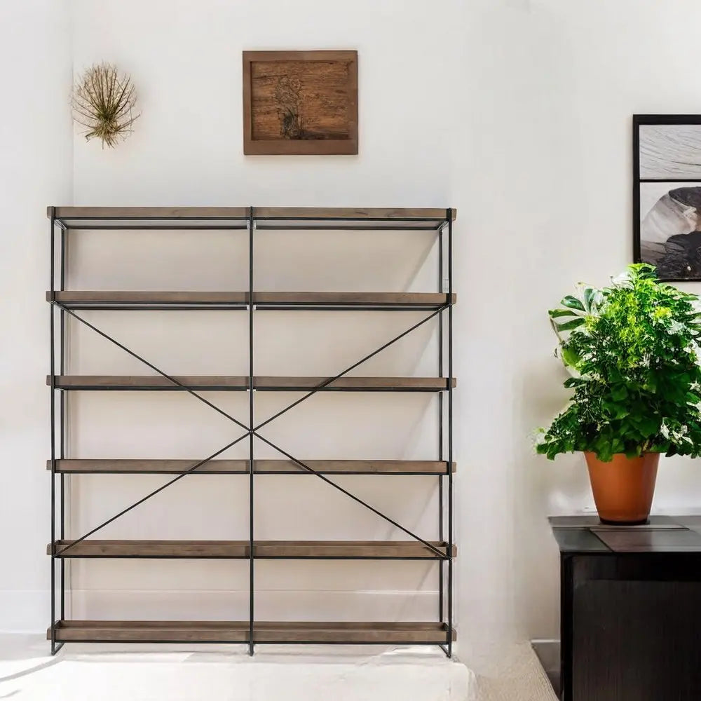 88" Black And Brown Iron and Wood Five Tier Bookcase HomeRoots